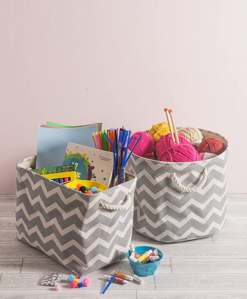 DII Polyester Container with Handles, Chevron Storage Bin, Large, Gray