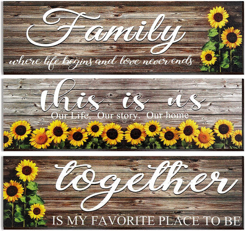 3 Pieces Sunflower Farmhouse Wall Decor Sunflower Wooden Sign Front Porch Decoration Sunflowers Kitchen Decor This is us Family Together Hanging 11.8 x 3.54 Inches Summer Wall Sign Decor for Bathroom