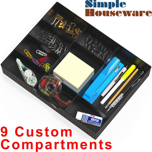 2 Pack - Simple Houseware Drawer Organizer Tray with 9 Adjustable Compartments, Black