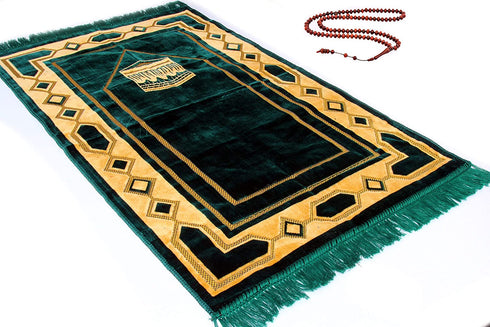 Premium Islamic Muslim Prayer Rug - Ramadan Gift - Janamaz Sajjadah - Namaz Seccade by GOLD CASE - Made in Turkey, PRMT-Green