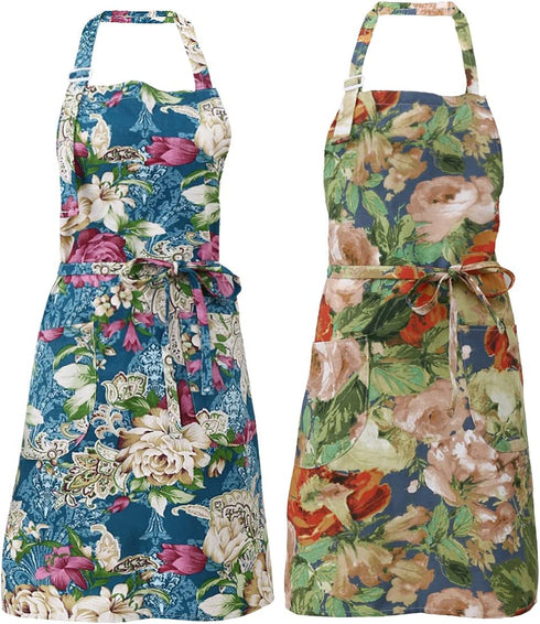 2 Pack Bib Aprons for Women Soft Cotton Linen Kitchen Cooking Chef Apron with Pockets Adjustable Machine Washable 002