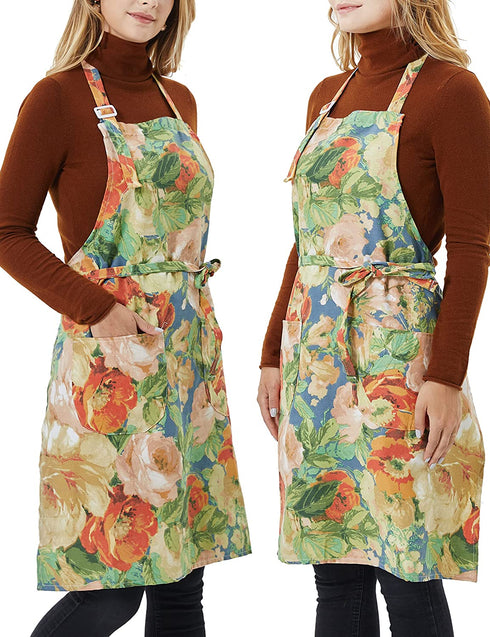 2 Pack Bib Aprons for Women Soft Cotton Linen Kitchen Cooking Chef Apron with Pockets Adjustable Machine Washable 002