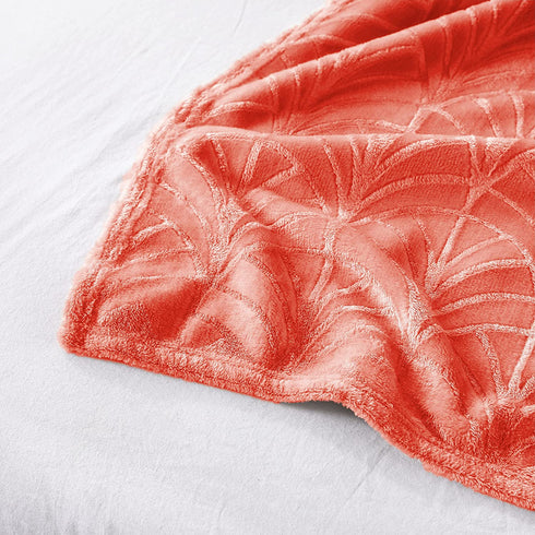 Whale Flotilla Flannel Fleece Twin Size(90x66 Inch) Lightweight Bed Blanket, Soft Velvet Bedspread Plush Fluffy Coverlet Palm Leaf Design Decorative Blanket for All Seasons, Coral