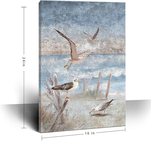 Ocean Beach Canvas Wall Art for Bedroom Abstract Seaside Seagull Seascape Painting Coastal Picture Perching Bird by The Sea Shore Framed Artwork for Bathroom Living Room Office Decor 16x24inch