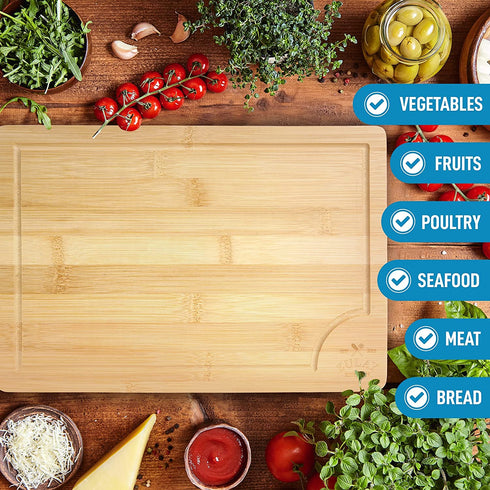 Zulay Kitchen 3-Piece Bamboo Cutting Board With Juice Groove - 100% Thick Wood Cutting Board Set - Large Cutting Board Bamboo With Handle - Wood Cutting Boards For Kitchen
