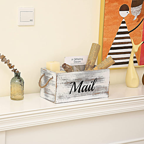 HoreZer Wood Mail Holder Box,Decorative Mail Organizer Box Countertop,Letter Holder Box for Desk with Chalkboard & Rope Handles,Rustic Desk Mail Organizer Home Office(White)