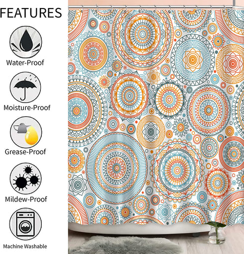 Boho Shower Curtain Orange Floral Mandala Flower Paisley Bohemian Shower Curtains for Bthroom, Orange Blue and Teal, 72" x 72"