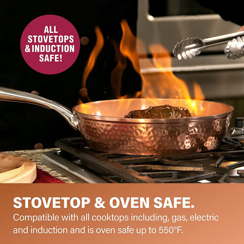 Gotham Steel Hammered Copper Collection 10 Nonstick Fry Pan with Lid, Premium Cookware, Aluminum Composition with Induction Plate for Even Heating, Dishwasher & Oven Safe