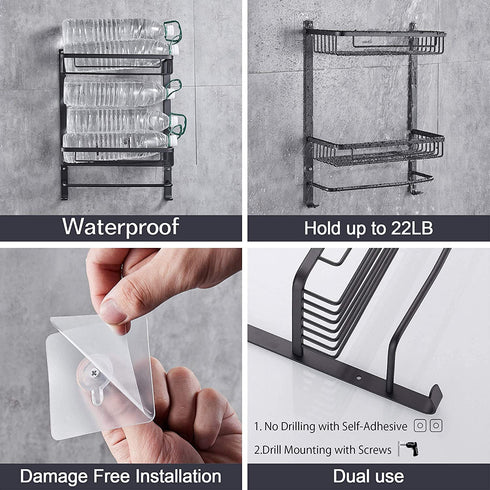 Hoomtaook Adhesive Bathroom Organizer Shower Caddy Kitchen Spice Rack Wall Mounted Drill-Free Bathroom Shelf Storage Kitchen Rack Rustproof Shower Shelf