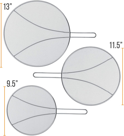 U.S. Kitchen Supply 13", 11.5", 9.5" Stainless Steel Fine Mesh Splatter Screen with Resting Feet Set - Use on Boiling Pots, Frying Pans - Grease Guard