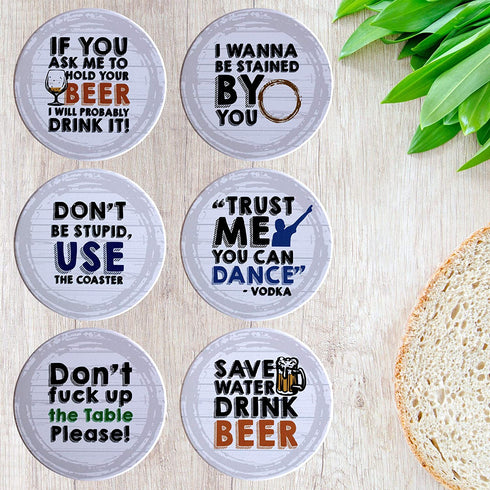 BARVIVO Funny Ceramic Coasters for Drinks Absorbent Set of 6 with Holder - Instantly Absorbing Condensation - Perfect Drink Coasters for Wooden Table Protection with Scratch Preventing Cork Bottom