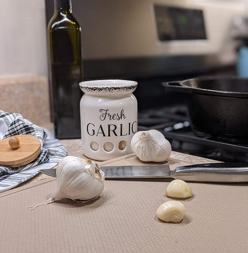 MillGar Ceramic Garlic Keeper for Counter - 4.5? x 3.5? Farmhouse & Vented Garlic Storage Container To Keep Garlic Cloves Fresher, Longer - Garlic Holder w/Bamboo Wood Lid - Dishwasher Safe