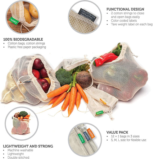 12+1 Reusable Produce Bags Grocery Washable | Organic Cotton Mesh Produce Bags | Double-Stitched & Tare Weigh | Onions Bag | Cotton Produce Bags Reusable Washable | Bulk of 13 (4S, 4M, 4L +1 Muslin)
