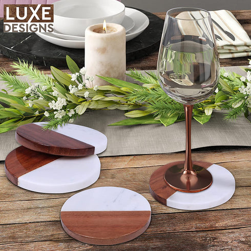 Acacia Wood & White Marble Coasters with Holder (4 Piece) Round Absorbent Coasters for Drinks: Tea, Coffee, Wine & More Fancy Half Marble Half Wood Coasters Set for Home & Kitchen Décor (4?)