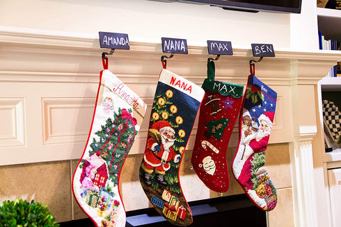 Elf Logic - 4 Pack Personalized Christmas Stocking Holder - Elegant, Adjustable, Metal Stocking Hooks - Low Profile Christmas Fireplace Hooks/Mantle Clips (4 Pack)