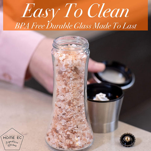 HOME EC Premium Stainless Steel Salt and Pepper Grinder Set of 2 - Adjustable Ceramic Sea Salt Grinder & Pepper Grinder - Tall Glass Salt and Pepper Shakers - Pepper Mill & Salt Mill W/Funnel & Ebook