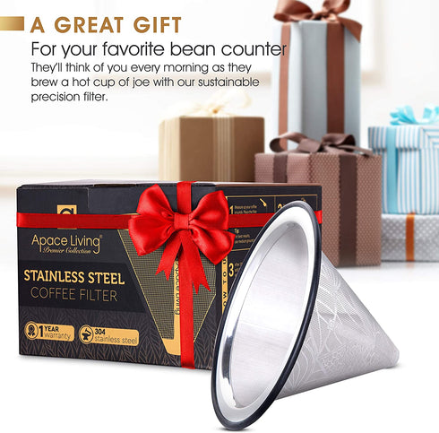 Apace Living Pour Over Coffee Filter - Wide Metal Base Reusable Stainless Steel Coffee Dripper - Perfect for Chemex Hario Bodum & Other Coffee Makers - Paperless Coffee Filter for Sustainable Brewing