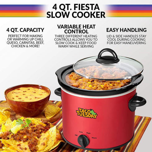Taco Tuesday 4-Quart Fiesta Slow Cooker With Tempered Glass Lid, Cool-Touch Handles, Removable Round Ceramic Pot, Red