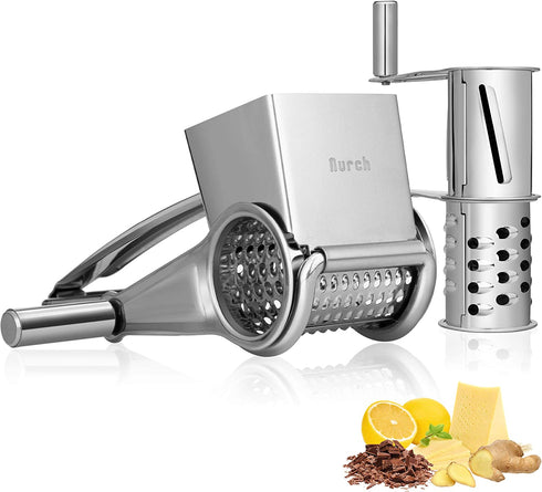 Nurch Rotary Cheese Grater Vegetable Stainless Steel Cheese Grater Shredder Cutter Grinder with 3 Drum Blades