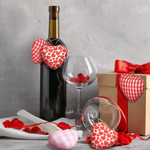 12 Pieces Valentine's Day Buffalo Check Fabric Ornament Valentine's Day Hanging Bauble Ornament Heart-Shaped Ornaments Baubles Decoration for Valentine's Day Wedding Party, 4 Styles