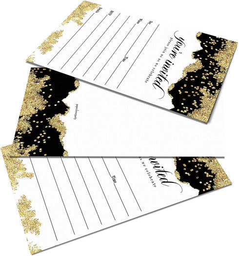 Gold and Black Invitations and Envelopes Pack of 25 Fill In Blank Invites for Graduation Retirement Birthday Baby Shower Engagement Elegant Events Modern Abstract Theme Paper Clever Party