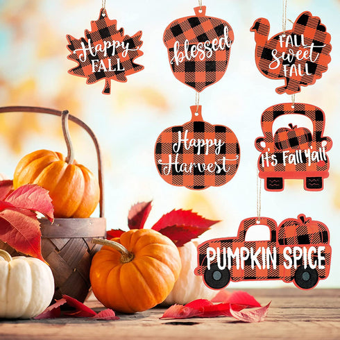 24 Pieces Thanksgiving Buffalo Plaid Ornament Wooden Hanging Sign Hanging Wishes Craft for Fall Harvest Wall Decoration 6 Styles Pumpkin Turkey Truck (Orange and Black) (Orange and Black, 24)