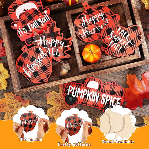 24 Pieces Thanksgiving Buffalo Plaid Ornament Wooden Hanging Sign Hanging Wishes Craft for Fall Harvest Wall Decoration 6 Styles Pumpkin Turkey Truck (Orange and Black) (Orange and Black, 24)