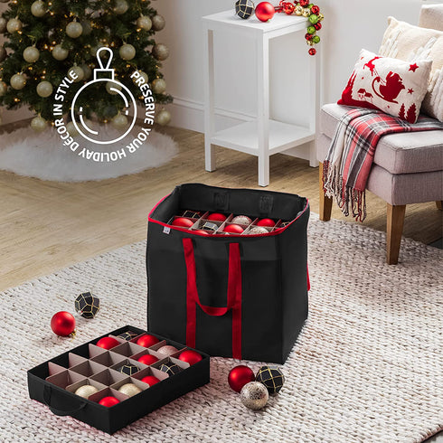 Premium Carrying Christmas Ornament storage Box with Clear Lid, 3" Compartment, Contains 5 Trays, Keeps 100 Holiday Ornaments & Xmas Accessories, Made Of Tear Proof Made Of 600D Oxford Fabric