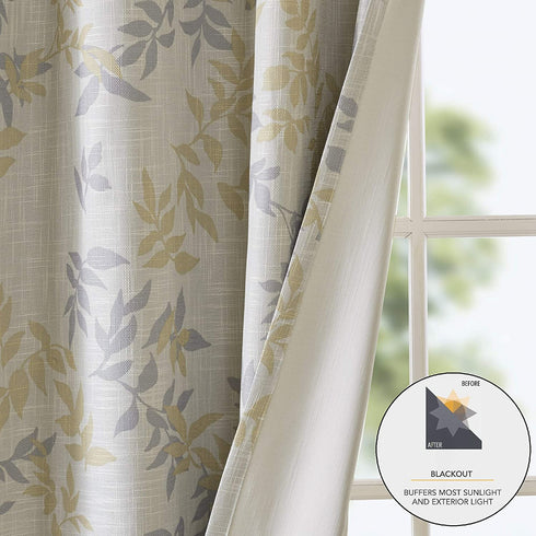 SUNSMART Julie Botanical Print Blackout, Casual Grommet Window Curtain for Bed Living Room Kitchen, Black, 1-Panel Pack, 50x84, Yellow