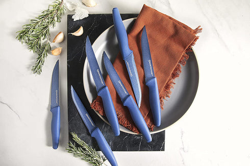 Nutriblade 6-Piece Steak Knives Set by Granitestone Stainless Steel Serrated Blades with Comfortable Handles Dishwasher-safe Rust-proof Steak Knife For Home and Restaurant Use As Seen On TV (Blue)