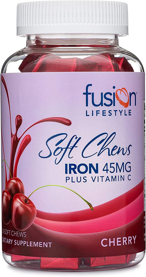 Fusion Lifestyle Iron Supplement for Women and Men, Cherry Flavored Iron Soft Chew Plus Vitamin C for Iron Deficiency and Anemia, 2 Month Supply, 60 Count