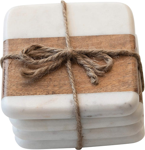 Creative Co-Op Marble & Acacia Wood, White & Natural, Set of 4 Coaster, 4"