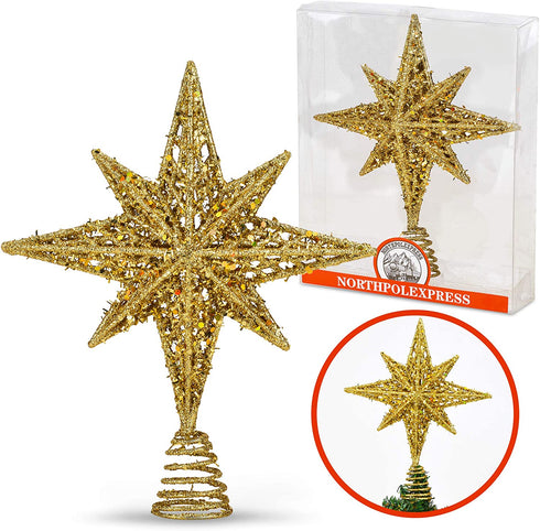 8 Inch Bethlehem Glitter Gold Star Christmas Tree Topper | Christmas Tree Toppers | Christmas Star Tree Topper | Rustic Tree Toppers Christmas Decorations | Christmas Tree Topper Star For 3-6 ft Trees