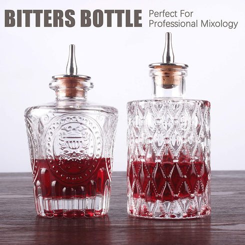 Bitters Bottle Set of 2 Cocktail Glass Bitters Bottle for Cocktail with Metal Dasher Top, SET002 (Set of 2)
