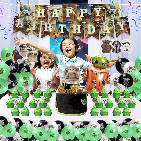 Birthday Decorations, Birthday Party Supplies with Foil Baby Yoda Balloon, Happy Birthday Banner, Cake Toppers, Balloons, Hanging Swirl, Stickers Party Decorations for Kids Boys Party