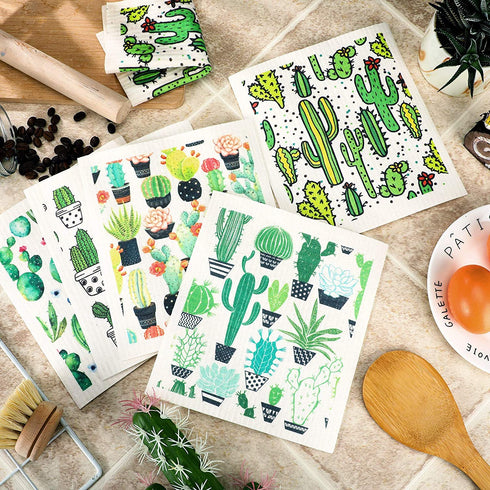 10 Pieces Swedish Kitchen Towels Reusable Sponge Cleaning Cloths Cactus Kitchen Cloths Absorbent Dish Cloth Washable Kitchen Towels for Kitchen Cleaning, 5 Styles