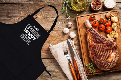 Savvy Designs BBQ Apron Funny Apron - Your Opinion is Not in The Recipe - Adjustable Black Apron with Pockets