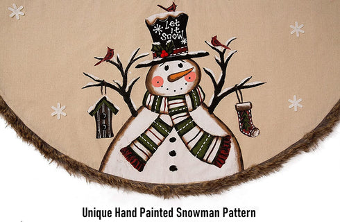 Snowman Tree Skirt 48 Inch with Brown Faux Fur Trim Border for Christmas Tree Decorations, Rustic Farmhouse Xmas Tree Skirt with Unique Hand Paint Snowman and Snowflakes