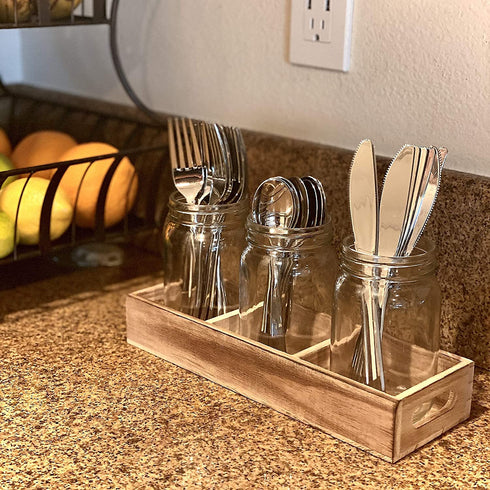 Mason Jar Glass Utensil Holder Flatware Caddy Silverware Organizer for Spoons, Knives and Forks with Rustic Wood Tray for Farmhouse Kitchen Decor and Countertop