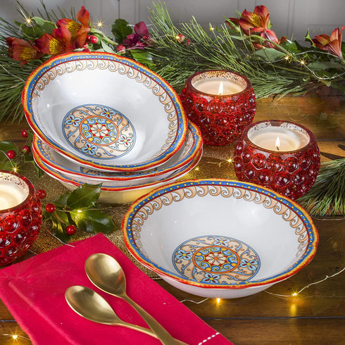Euro Ceramica Duomo Collection Pasta Bowl Set of 4, Italian Floral Design, Multicolor, gold and cream