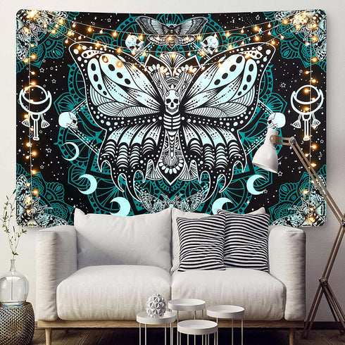 Death Moth Tapestry Skull Tapestry Butterfly Tapestry Gothic Skeleton Tapestry Blue Mandala Tapestry Wall Hanging for Room(51.2 x 59.1 inches)