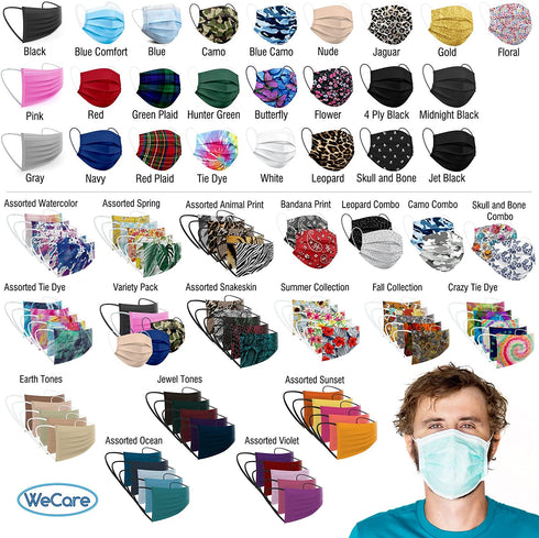 WeCare Disposable Face Mask Individually Wrapped - 50 Pack, Watercolor Print Masks - 3 Ply