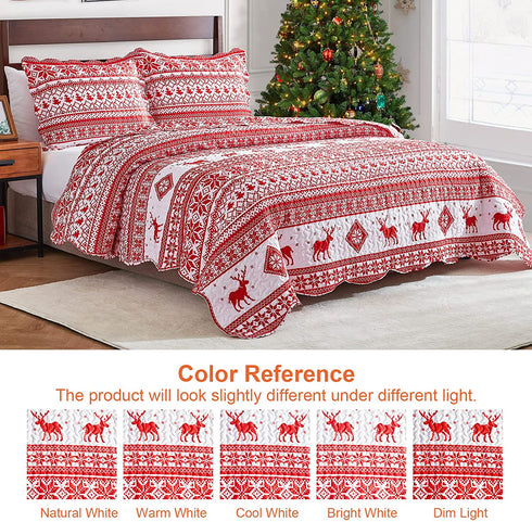 EHEYCIGA Red Printed Quilt Set Queen Christma Reindeer Snowflakes Reversible Holiday Home Décor - Bedspread Coverlet.
