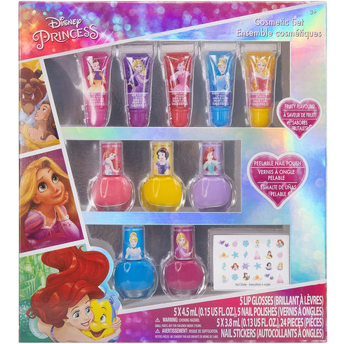 Townley Girl Disney Princess Sparkly Cosmetic Makeup Set for Girls with Lip Gloss Nail Polish Nail Stickers - 11 Pcs|Perfect for Parties Sleepovers Makeovers| Birthday Gift for Girls above 3 Yrs