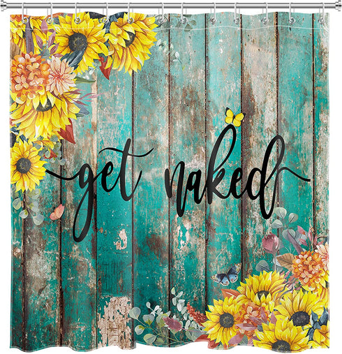 LB Rustic Sunflower Shower Curtain, Modern Farmhouse Yellow Floral Funny Quotes Get Naked Shower Curtains, Country Style Vintage Flower Wooden Boards Bathroom Curtains Set with Hooks, 72X72 Inches