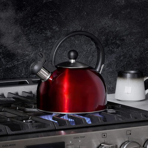 Diamond Home 2.5 Liter Stainless Steel Whistling Tea Kettle - Modern Stainless Steel Whistling Tea Pot for Stovetop with Cool Grip Ergonomic Handle - Red