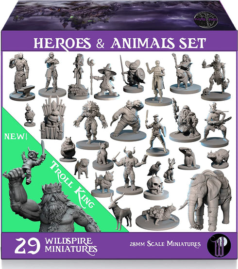 Wildspire Heroes, Animals & Troll for DND Miniatures 28mm Bulk Dungeons and Dragons Miniatures I D&D Miniatures DND Minis Fantasy Miniatures & D&D Figures Starter Set DND Accessories DND Gifts