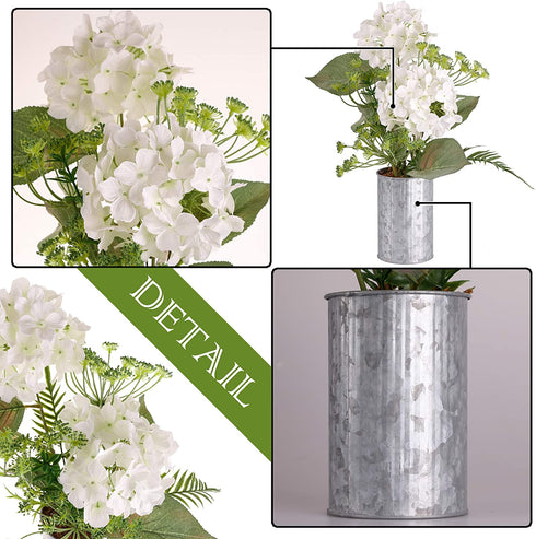 TERESA'S COLLECTIONS Artificial Hydrangea Flower with Metal Vase, Faux Plant Bouquets in Planter Pot, Farmhouse Fake Flower Arrangements for Indoor Outdoor Home Living Room Table Centerpieces Decor