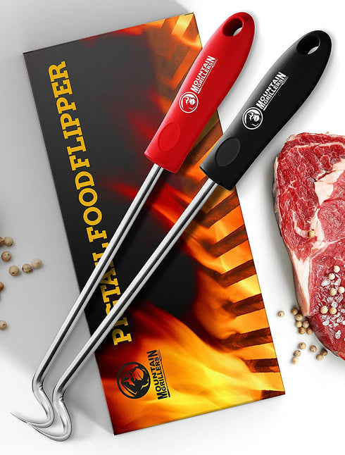 Pigtail Food Flipper Set - 17 & 12 Inch Meat Hooks & Turners with Steel Shafts & Color Coded Handles - Use in Place of Tongs, Spatula & Meat Fork for BBQ Ribs, Steak, Chicken, Sausage, Vegetables