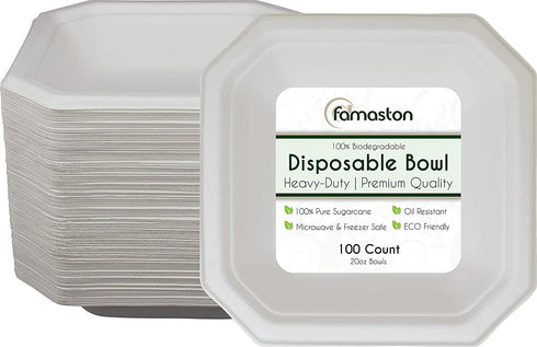100% Compostable Heavy-Duty Premium Quality Disposable Bowls - 100 Count (20 Ounce)
